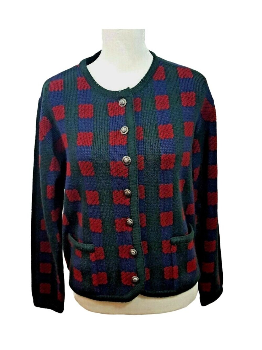 Worthington Womens Medium Plaid Button-Up Cardigan Sweater 8T/10T Acrylic Vintag